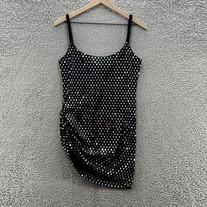 VTG 90s 1001 Nights Top Women Large Black Hologram Dot Side Ruched Tunic Tank